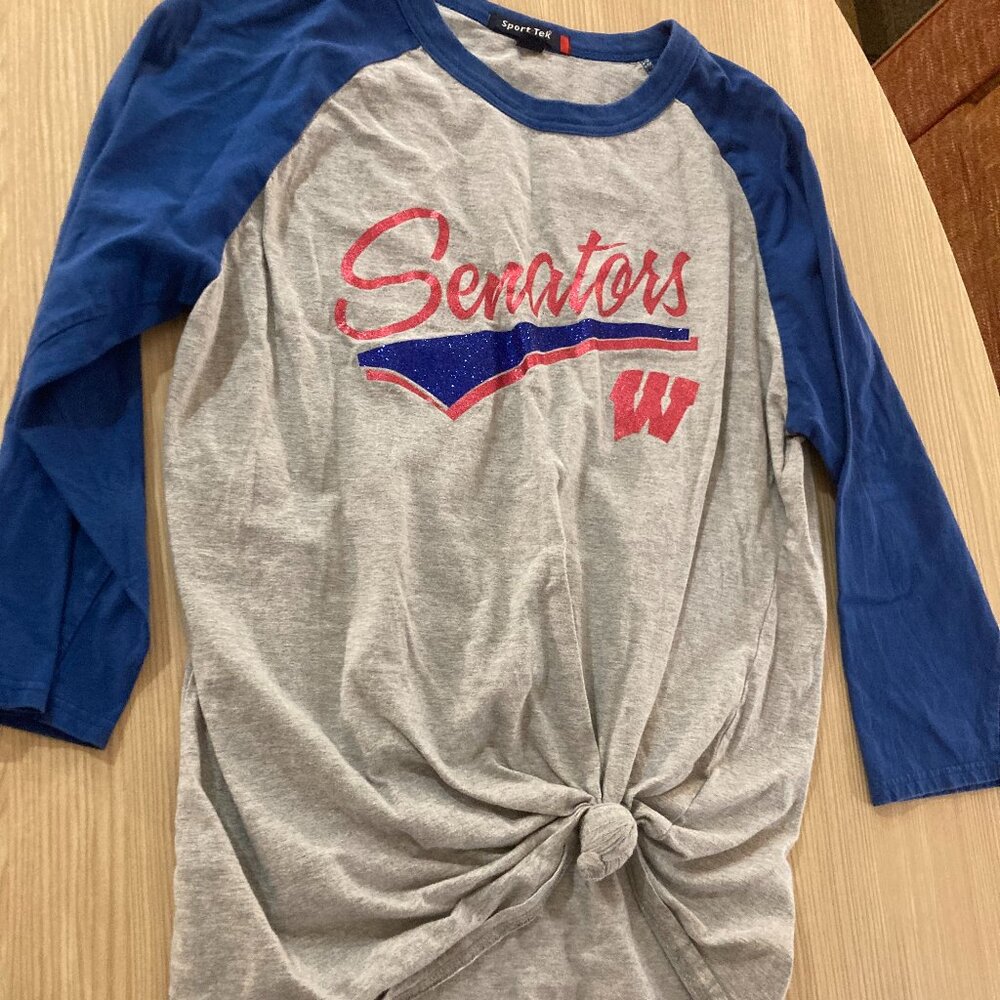Washington Senators T Shirt Womens Medium Sport-Tek Gray with Blue Sleeves Tie